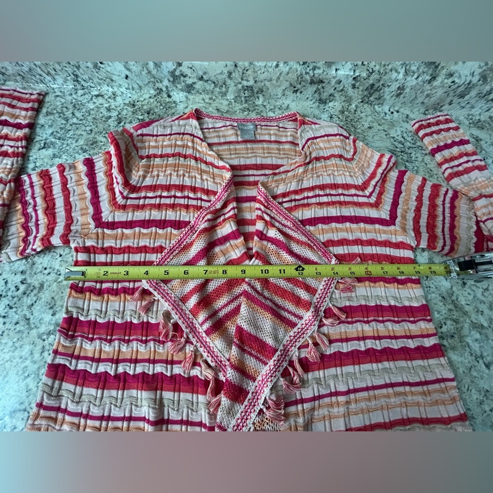 Chico’s Striped Pink White Fringed Open Front Cardigan Sweater Boho Size M - Picture 11 of 12